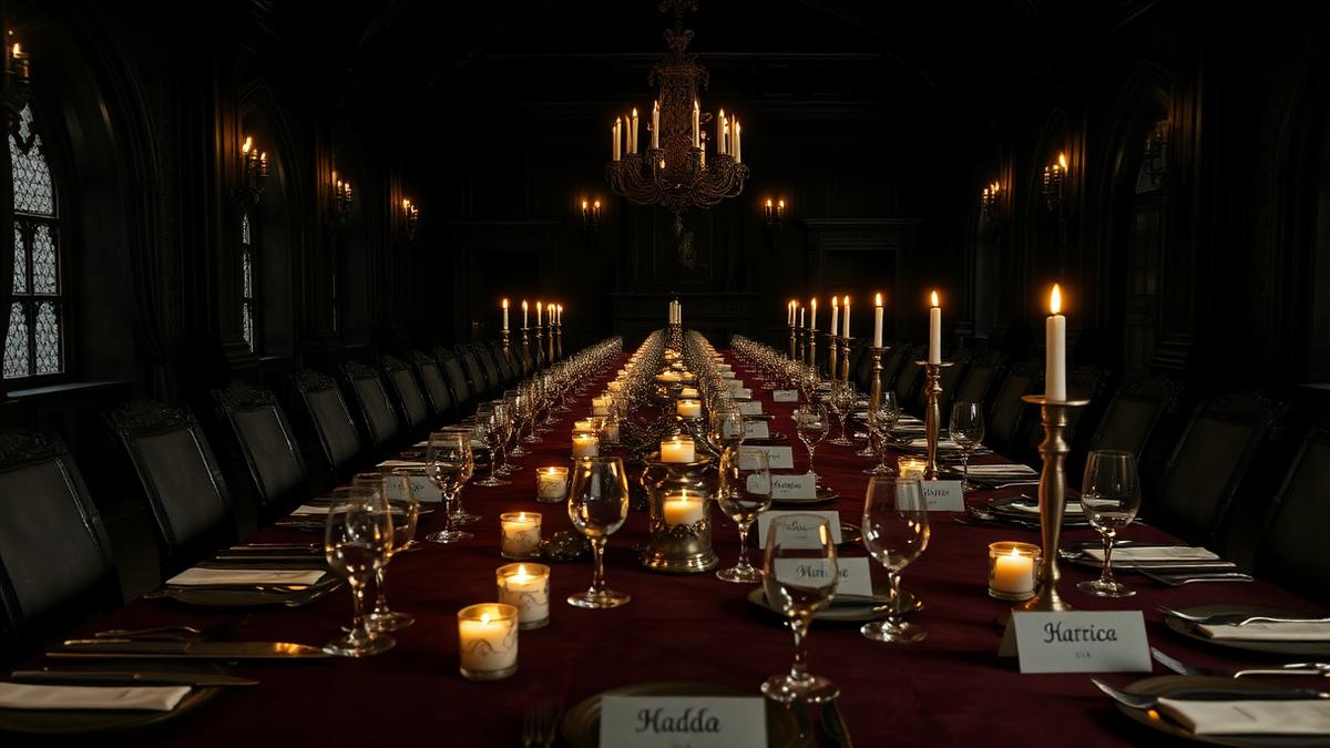 Longue table de banquet dressée avec marque-places et bougies dans un manoir sombre