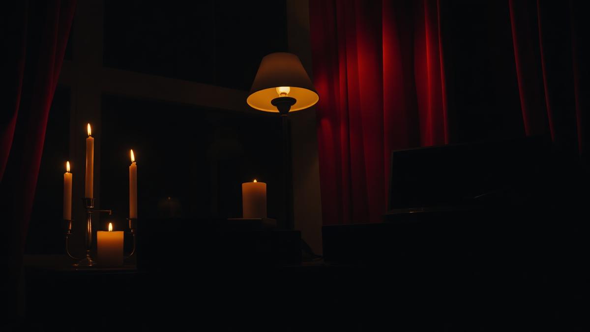 Bougies, lampe tamisée et rideaux de velours créant une ambiance de soirée enquête