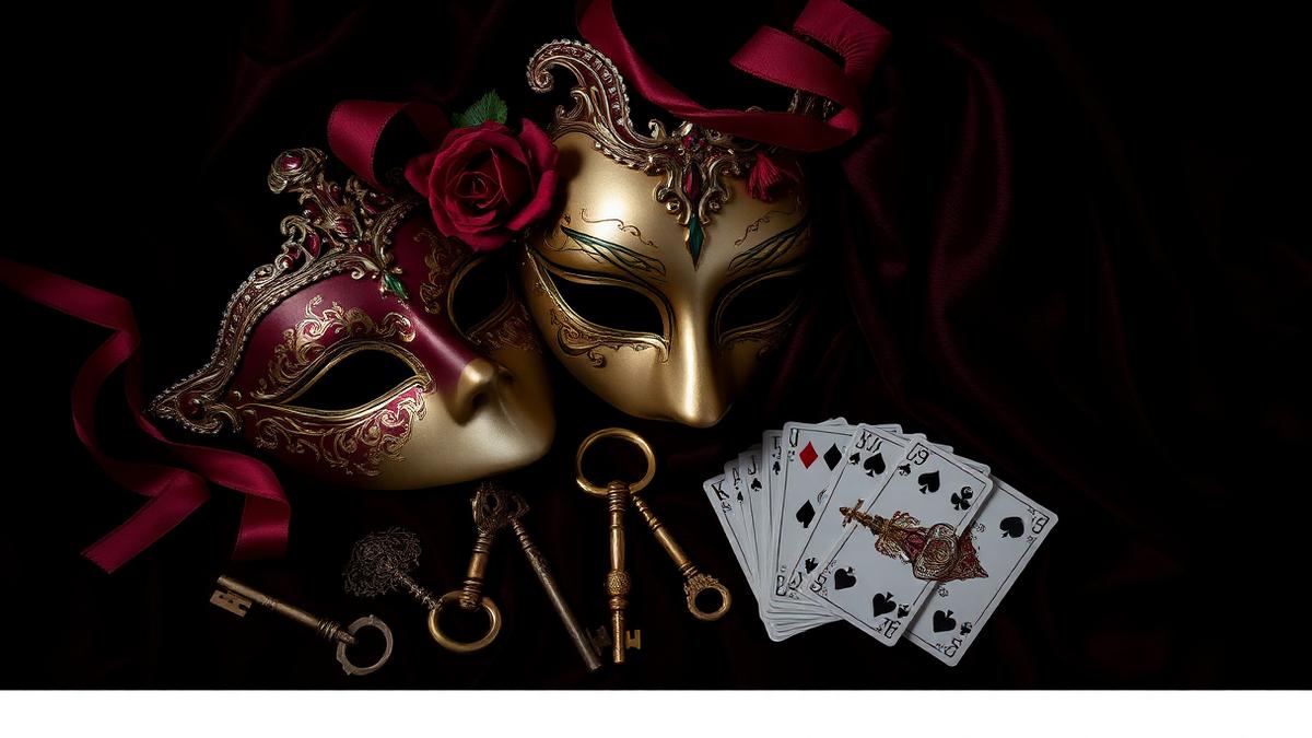 Masques vénitiens dorés et cartes à jouer sur du velours sombre