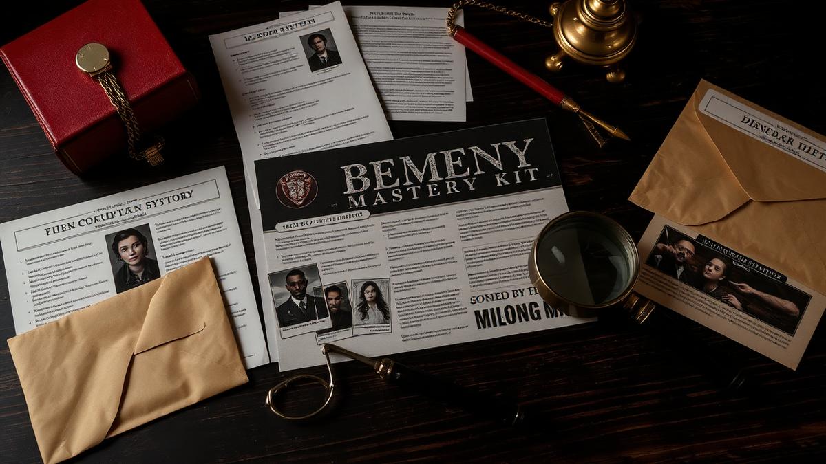 Kit de Murder Party imprimé : fiches, enveloppes, preuves et loupe sur bois sombre