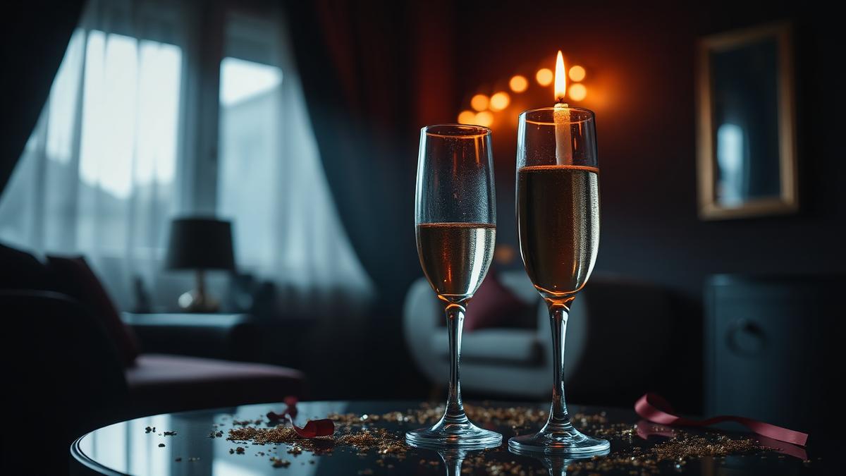 Coupes de champagne et confettis dorés dans un salon sombre et élégant