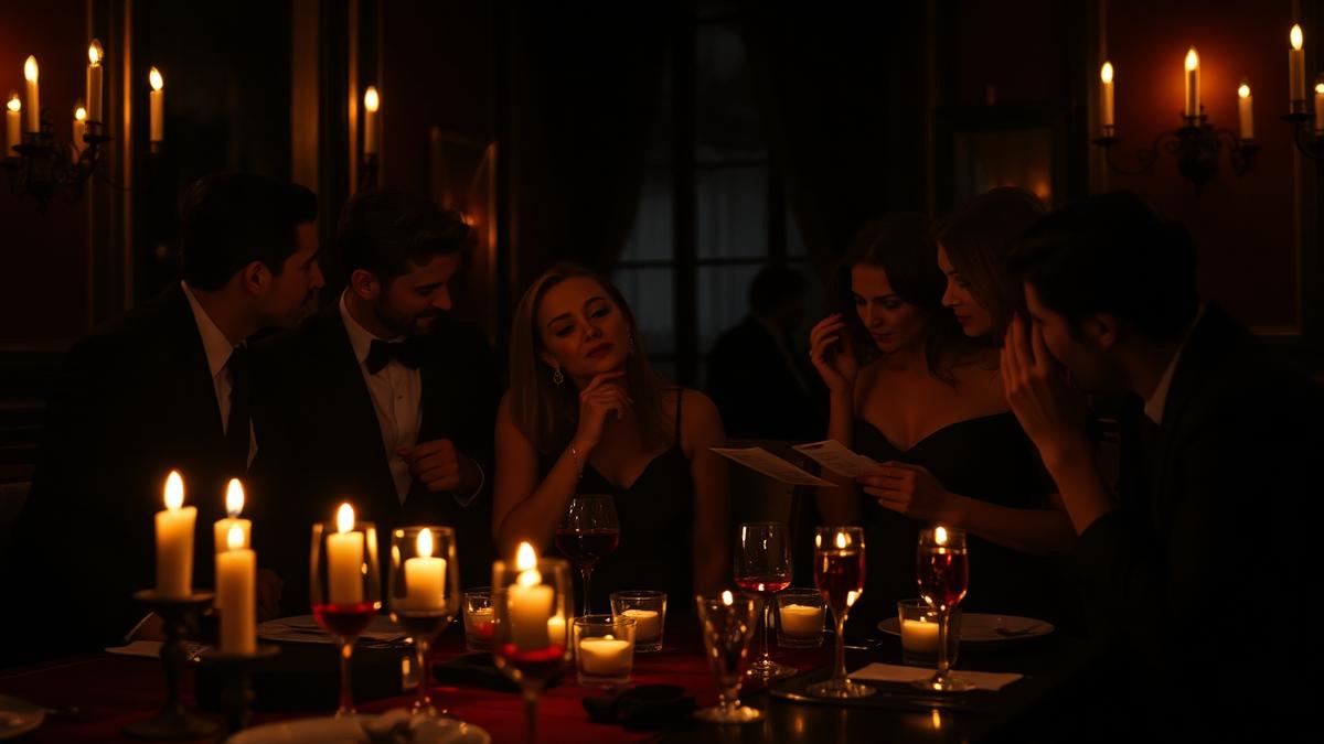Invités élégants échangeant des indices autour d'une table éclairée à la bougie