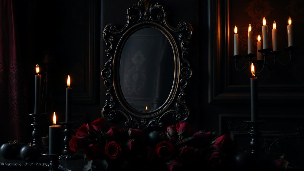 Miroir ancien, bougies noires et roses fanées dans une pièce gothique