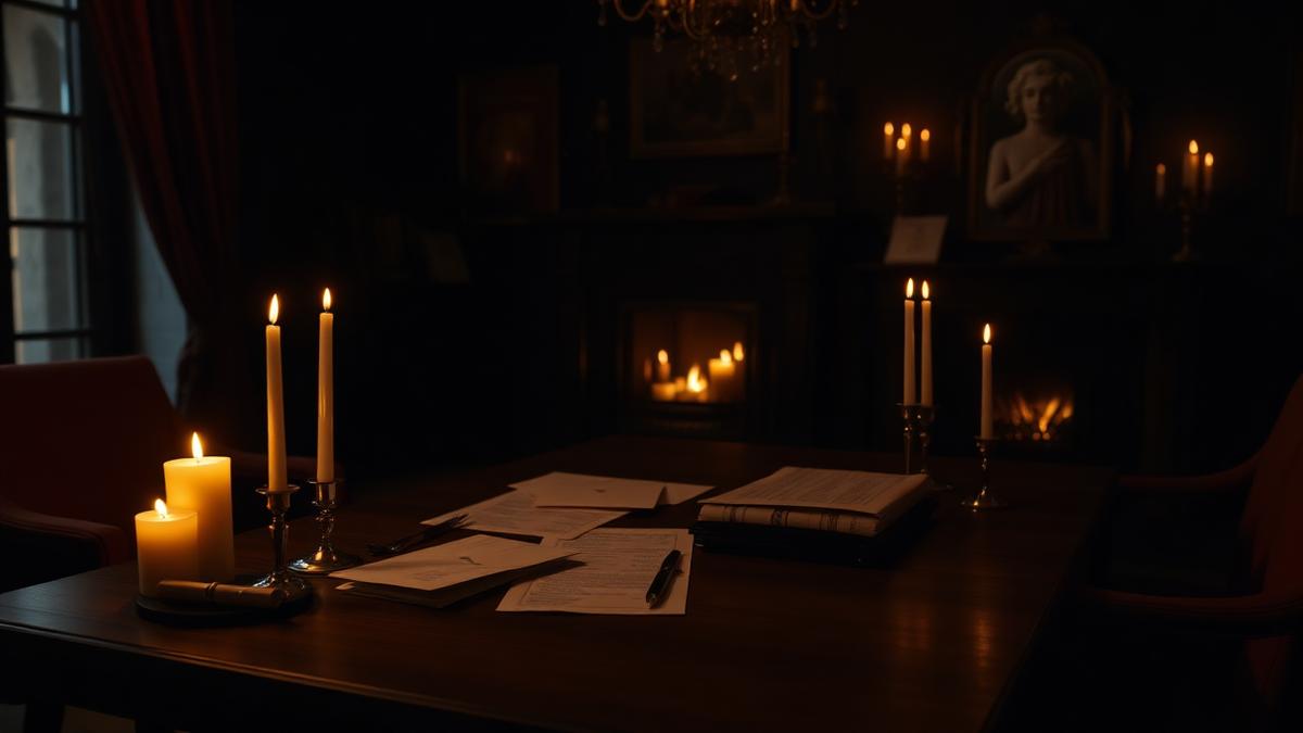Table de salon éclairée à la bougie avec enveloppes et fiches personnages d'une Murder Party